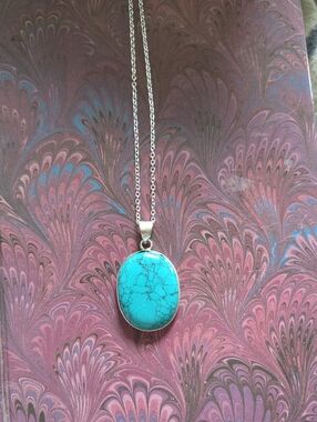 Turquoise Oval Pendant Southwest Artisan Made 925 Necklace